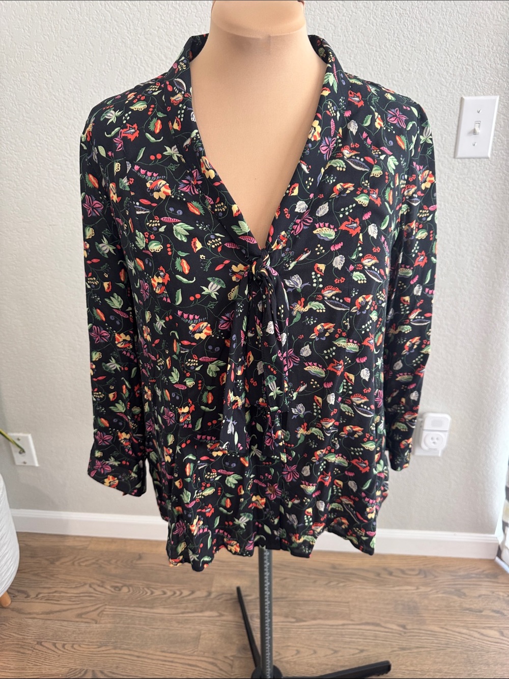 Anthropologie Black Floral Tie-Neck Blouse with Multicolor Print